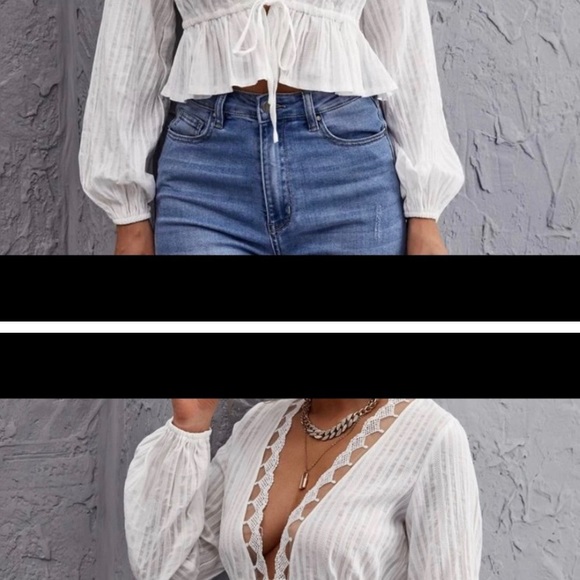 New! Tie Front Ruffle Hem Lace Trim Top - Picture 2 of 2